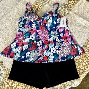 Swimsuits For All Underwire Tankini Top Black Swim Short Bottoms 18 D DD Floral